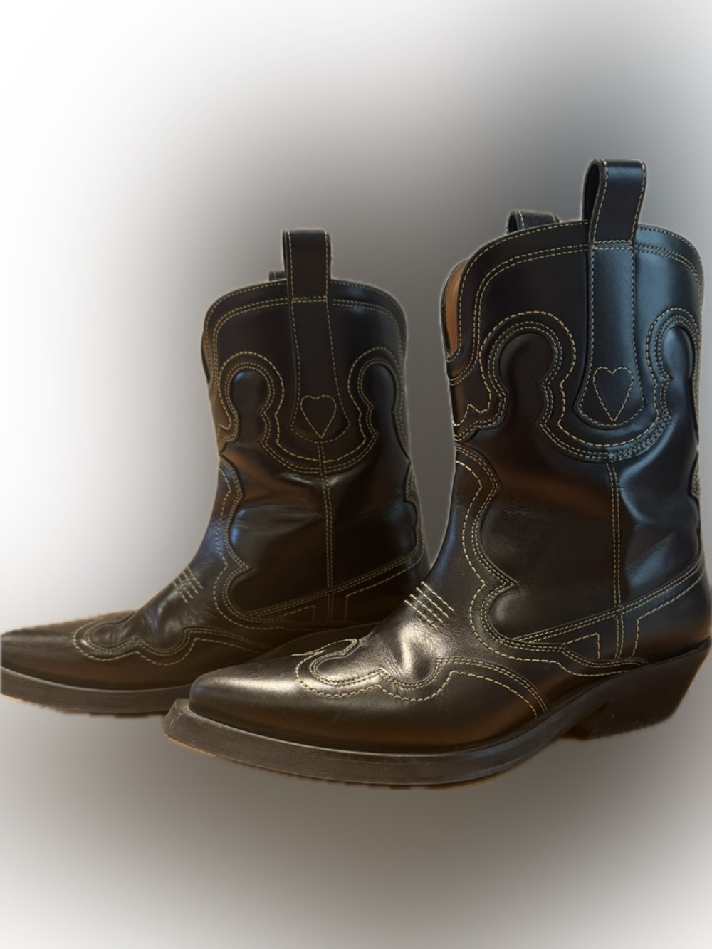 Ganni Black Leather Western Cowboy Boots with Contrast Stitching
